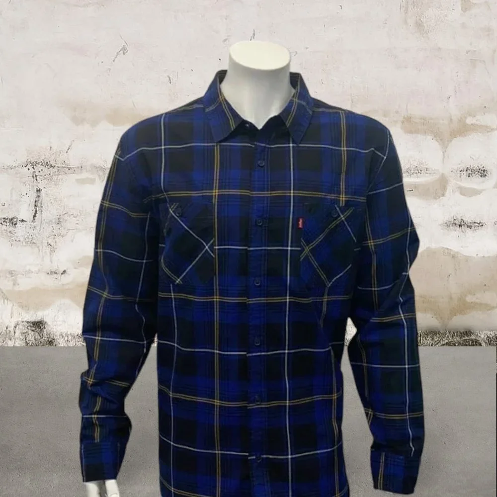 Levi's Strauss Blue Black Yellow Plaid Western Men's Long Sleeve Shirt XL EUC